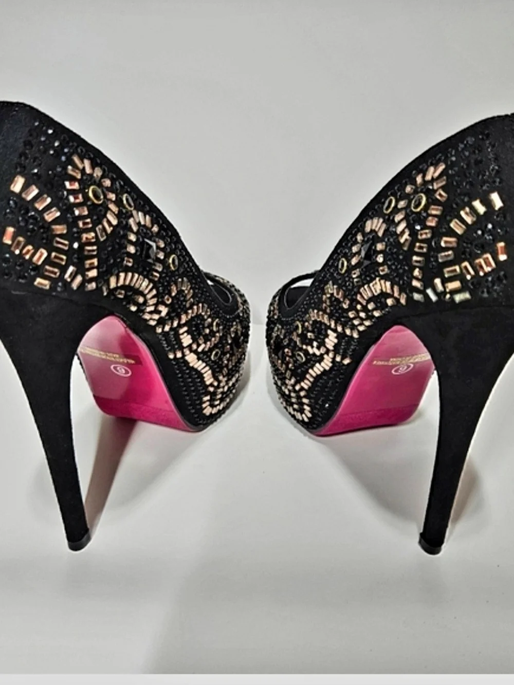 NEW Lasonia Black Rhinestone Platform Heels Open Peep Toe Stiletto Size 6 NIB